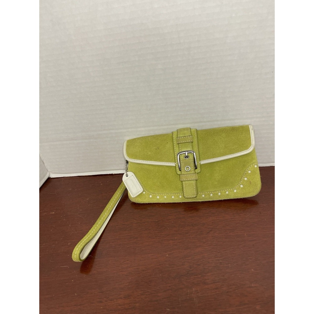 Vintage Coach Y2K Pstachio Lime Green Suede Buckle Wristlet Wallet